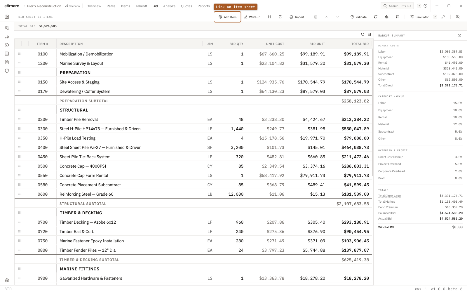 The Stimaro bid sheet with the Add Item control highlighted