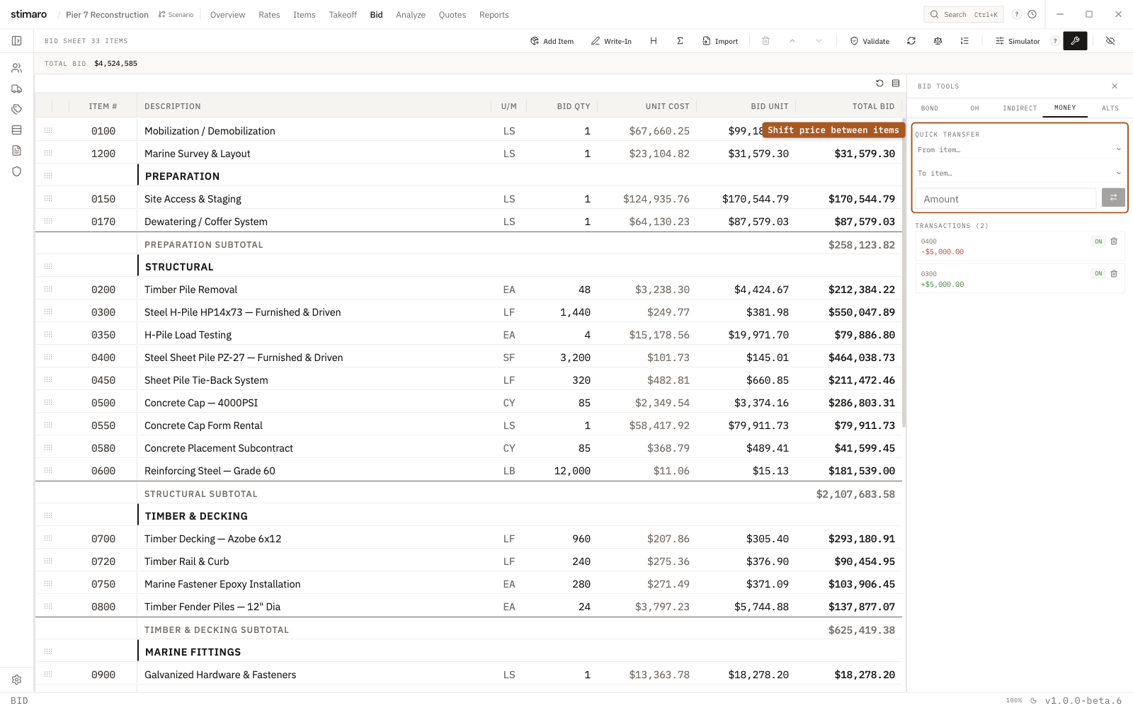 The Move Money tab in Stimaro's Bid Tools
