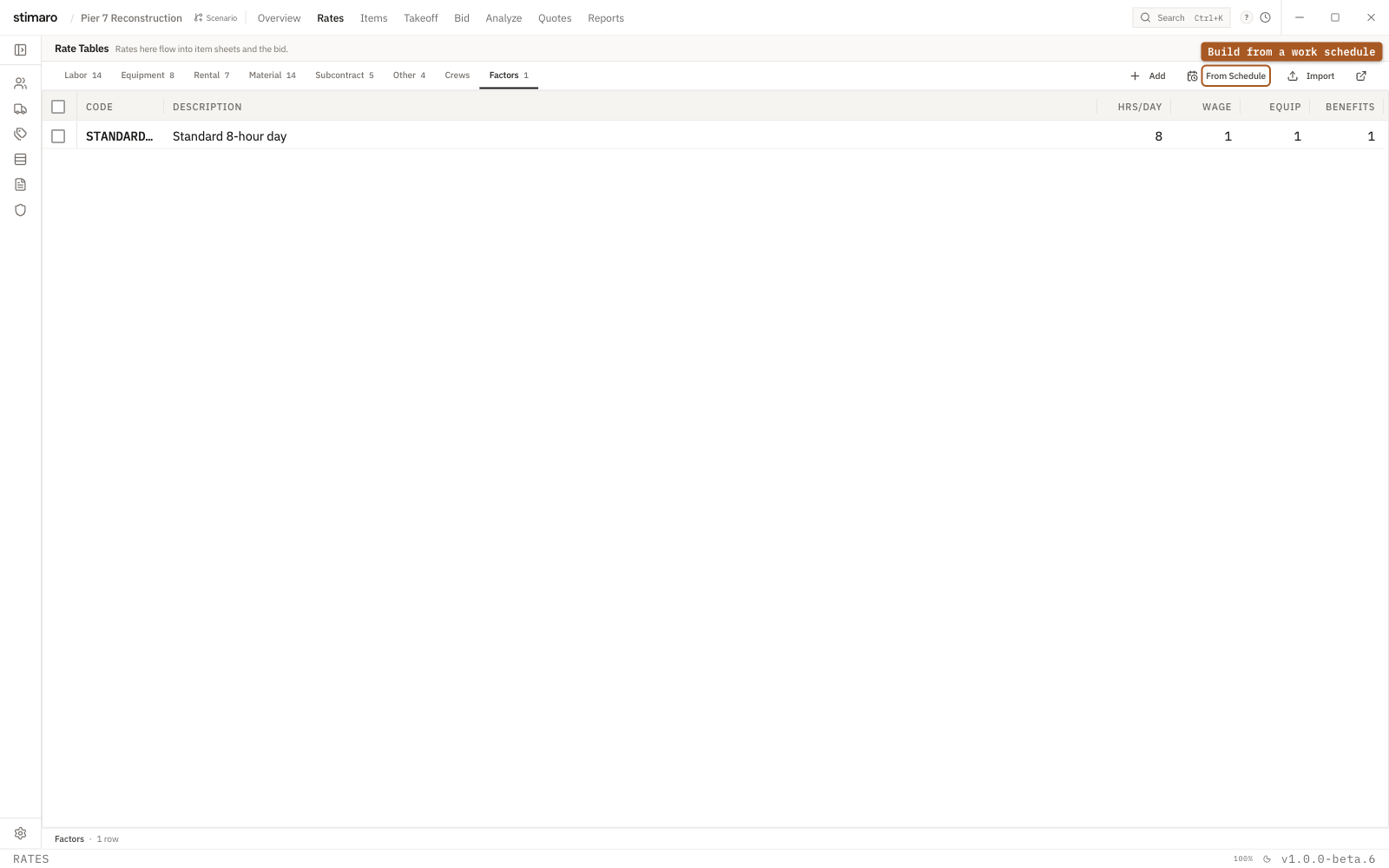 The Factors tab in Stimaro