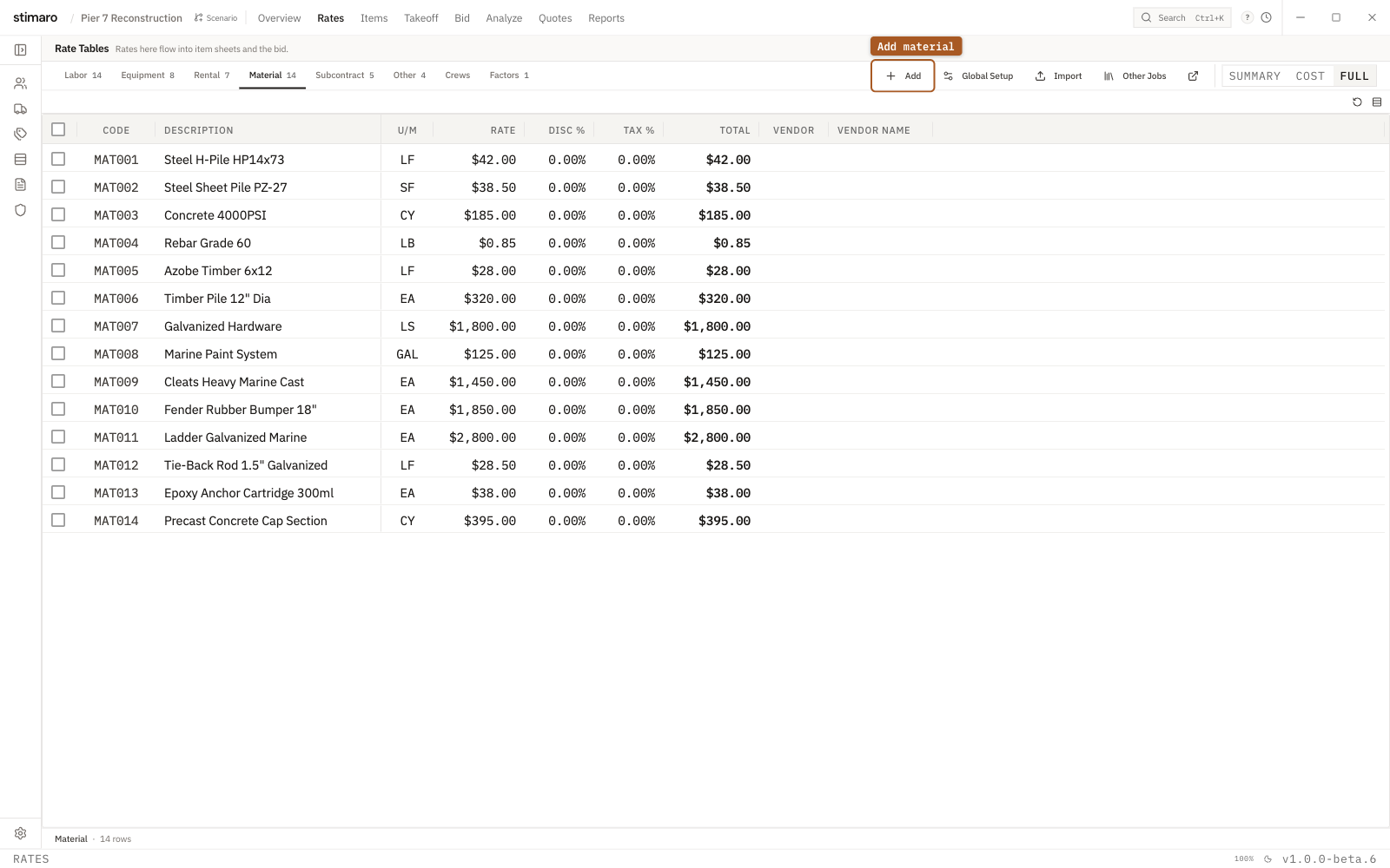 The Material rate table in Stimaro