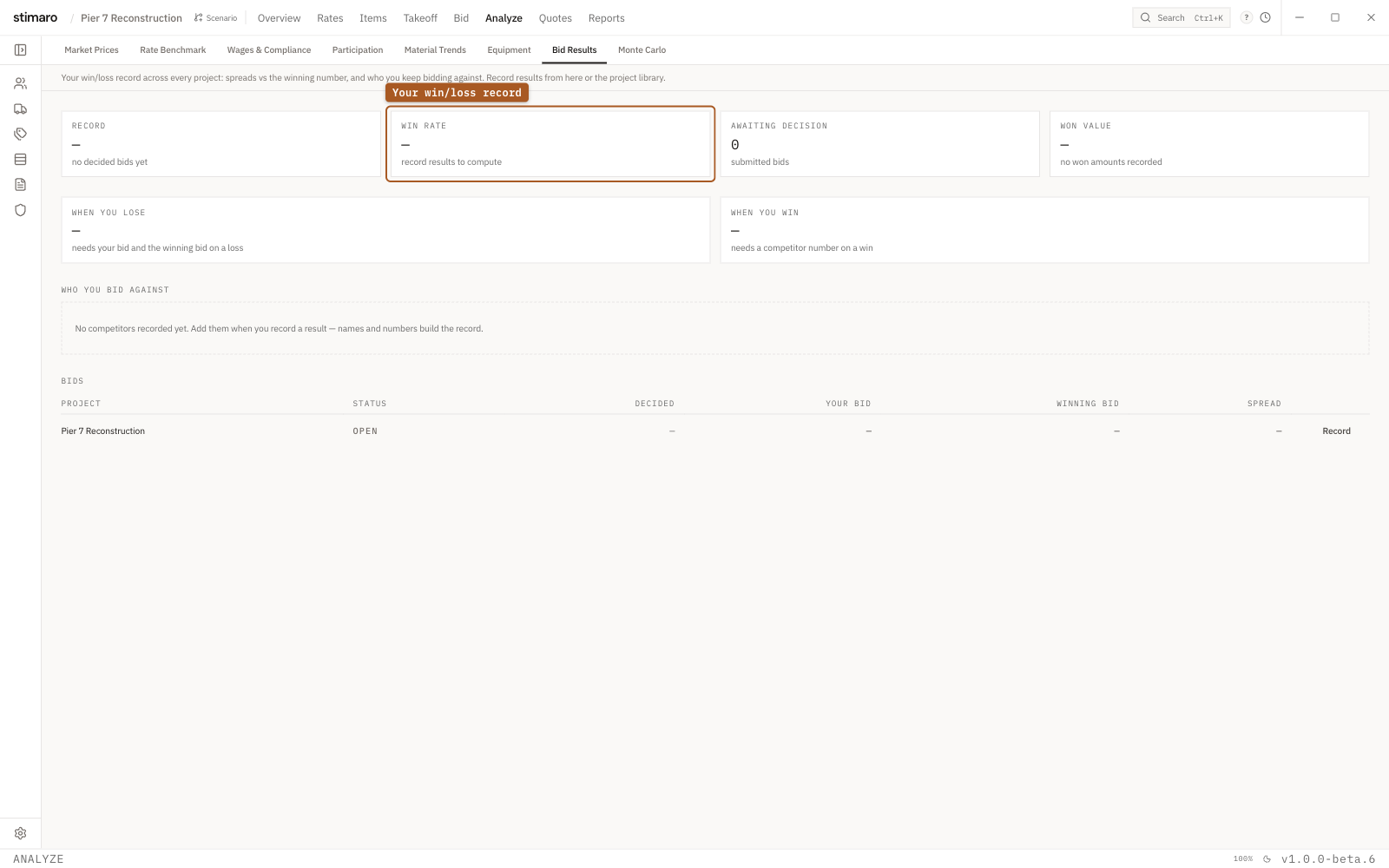 The Bid Results panel in Stimaro's Analyze tab
