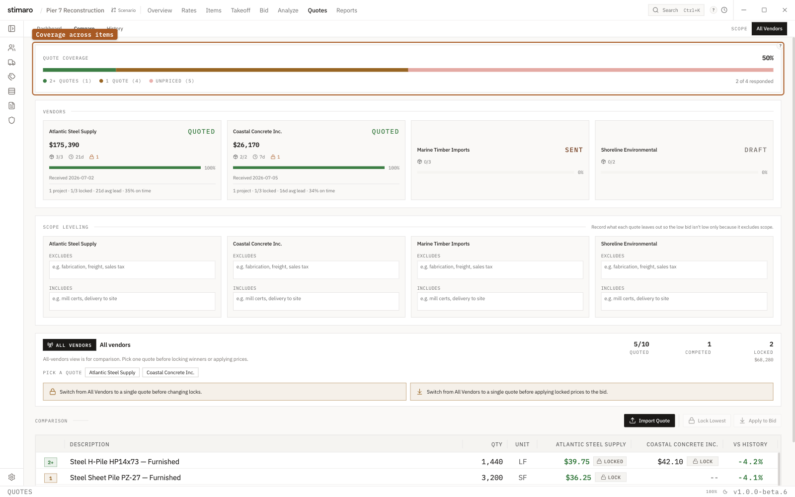 The vendor quote comparison view in Stimaro