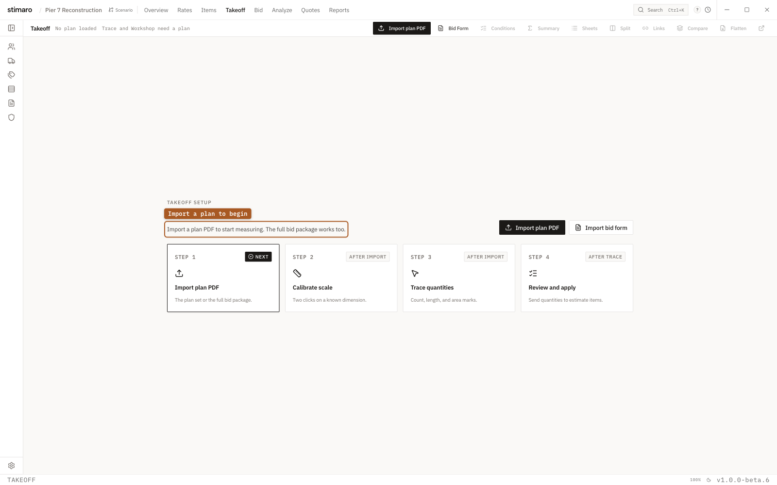 The Takeoff tab setup screen in Stimaro