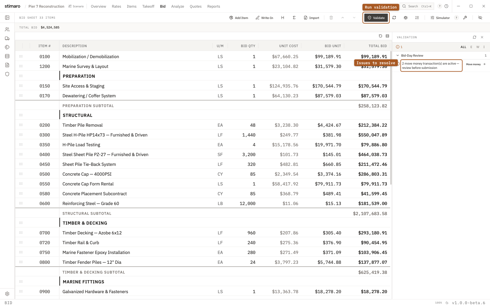 The Stimaro validation panel open on the bid sheet